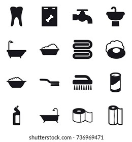 16 vector icon set : water tap, bath, washing, towel, soap, foam basin, brush, cleanser powder, toilet cleanser, toilet paper, paper towel