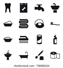 16 vector icon set : water tap, washing, towel, soap, tooth brush, foam basin, brush, cleanser powder, toilet cleanser, water tap sink, bath, toilet brush, toilet paper