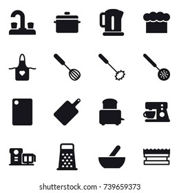 16 vector icon set : water tap, pan, kettle, chef  hat, apron, whisk, skimmer, cutting board, mortar, sponge