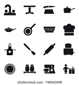16 vector icon set : water tap, table, cutting board, saute pan, pan, kolander, cook hat, apron, spatula, rolling pin, kitchen cleaning