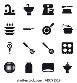 16 vector icon set : water tap, coffee maker, cutting board, plate washing, pan, steam pan, handle scales, whisk, skimmer, sponge, water tap sink