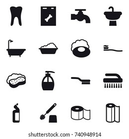 16 vector icon set : water tap, bath, washing, soap, tooth brush, sponge with foam, liquid soap, brush, toilet cleanser, toilet brush, toilet paper, paper towel