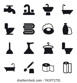 16 vector icon set : water tap, bath, toilet, towel, soap, shampoo, plunger, hanger, toilet brush, toilet paper, paper towel