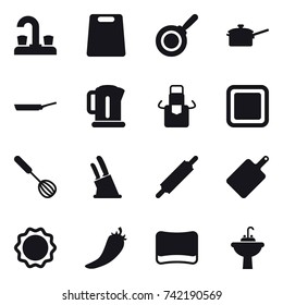 16 vector icon set : water tap, cutting board, pan, saute pan, kettle, apron, whisk, knife holder, rolling pin, hot pepper, sponge, water tap sink