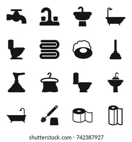 16 vector icon set : water tap, bath, toilet, towel, soap, plunger, hanger, water tap sink, toilet brush, toilet paper, paper towel
