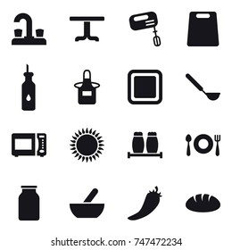 16 vector icon set : water tap, table, mixer, cutting board, apron, ladle, mortar, hot pepper, bread