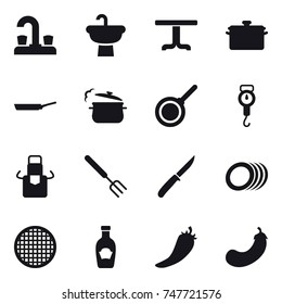 16 vector icon set : water tap, table, pan, steam pan, handle scales, apron, big fork, knife, hot pepper, eggplant