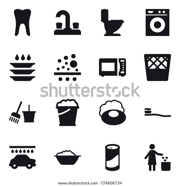 16 vector icon set : water tap, toilet, washing\
machine, plate washing, trash bin, bucket and broom, foam bucket,\
soap, tooth brush, car wash, foam basin, cleanser powder, garbage\
bin