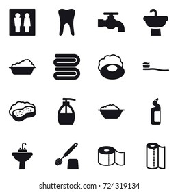 16 vector icon set : wc, water tap, washing, towel, soap, tooth brush, sponge with foam, liquid soap, foam basin, toilet cleanser, water tap sink, toilet brush, toilet paper, paper towel