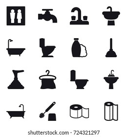 16 vector icon set : wc, water tap, bath, toilet, shampoo, plunger, hanger, water tap sink, toilet brush, toilet paper, paper towel