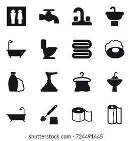 16 vector icon set : wc, water tap, bath, toilet, towel, soap, shampoo, plunger, hanger, water tap sink, toilet brush, toilet paper, paper towel