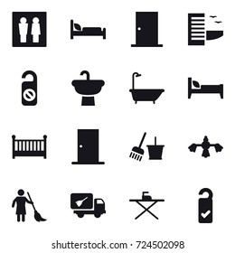16 vector icon set : wc, door, hotel, do not distrub, bath, bed, crib, bucket and broom, hard reach place cleaning, brooming, home call cleaning, iron board, please clean