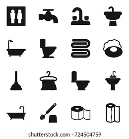 16 vector icon set : wc, water tap, bath, toilet, towel, soap, plunger, hanger, water tap sink, toilet brush, toilet paper, paper towel