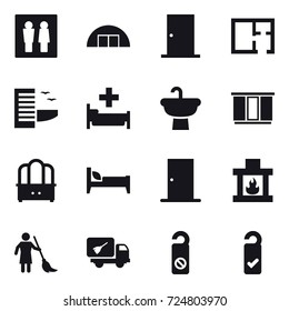 16 vector icon set : wc, hangare, door, plan, hotel, hospital, wardrobe, dresser, bed, fireplace, brooming, home call cleaning, do not distrub, please clean