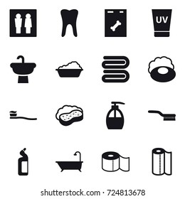 16 vector icon set : wc, uv cream, washing, towel, soap, tooth brush, sponge with foam, liquid soap, brush, toilet cleanser, bath, toilet paper, paper towel