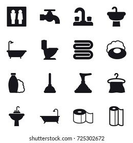 16 vector icon set : wc, water tap, bath, toilet, towel, soap, shampoo, plunger, hanger, water tap sink, toilet paper, paper towel