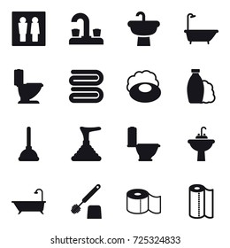 16 vector icon set : wc, water tap, bath, toilet, towel, soap, shampoo, plunger, water tap sink, toilet brush, toilet paper, paper towel