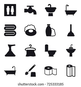 16 vector icon set : wc, water tap, bath, towel, soap, shampoo, plunger, hanger, toilet, water tap sink, toilet brush, toilet paper, paper towel