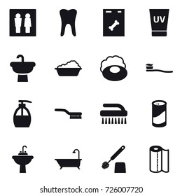 16 vector icon set : wc, uv cream, washing, soap, tooth brush, liquid soap, brush, cleanser powder, water tap sink, bath, toilet brush, paper towel