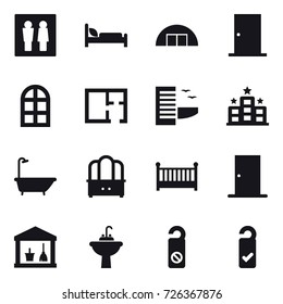 16 vector icon set : wc, hangare, door, arch window, plan, hotel, bath, dresser, crib, utility room, water tap sink, do not distrub, please clean