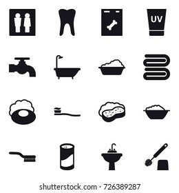 16 vector icon set : wc, uv cream, water tap, bath, washing, towel, soap, tooth brush, sponge with foam, foam basin, brush, cleanser powder, water tap sink, toilet brush