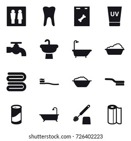 16 vector icon set : wc, uv cream, water tap, bath, washing, towel, tooth brush, foam basin, brush, cleanser powder, toilet brush, paper towel