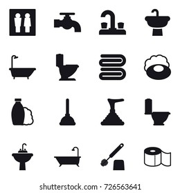 16 vector icon set : wc, water tap, bath, toilet, towel, soap, shampoo, plunger, water tap sink, toilet brush, toilet paper