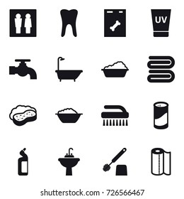 16 vector icon set : wc, uv cream, water tap, bath, washing, towel, sponge with foam, foam basin, brush, cleanser powder, toilet cleanser, water tap sink, toilet brush, paper towel