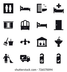 16 vector icon set : wc, hotel, hospital, wardrobe, dresser, bed, door, bucket and broom, hard reach place cleaning, utility room, water tap sink, brooming, home call cleaning, do not distrub