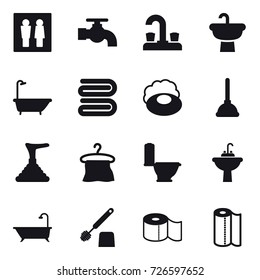 16 vector icon set : wc, water tap, bath, towel, soap, plunger, hanger, toilet, water tap sink, toilet brush, toilet paper, paper towel