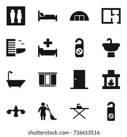 16 vector icon set : wc, hangare, plan, hotel, hospital, do not distrub, bath, wardrobe, door, fireplace, hard reach place cleaning, brooming, iron board