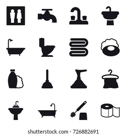 16 vector icon set : wc, water tap, bath, toilet, towel, soap, shampoo, plunger, hanger, water tap sink, toilet brush, toilet paper
