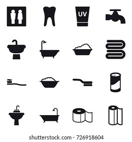 16 vector icon set : wc, uv cream, water tap, bath, washing, towel, tooth brush, foam basin, brush, cleanser powder, water tap sink, toilet paper, paper towel