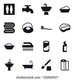16 vector icon set : wc, water tap, washing, towel, soap, tooth brush, sponge with foam, foam basin, brush, cleanser powder, toilet cleanser, water tap sink, bath, toilet brush, paper towel
