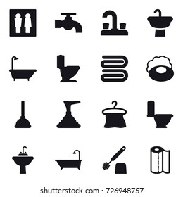16 vector icon set : wc, water tap, bath, toilet, towel, soap, plunger, hanger, water tap sink, toilet brush, paper towel