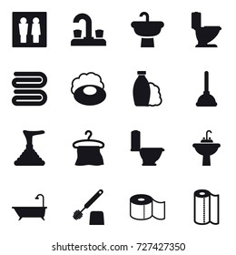 16 vector icon set : wc, water tap, toilet, towel, soap, shampoo, plunger, hanger, water tap sink, bath, toilet brush, toilet paper, paper towel