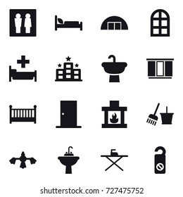 16 vector icon set : wc, hangare, arch window, hospital, hotel, wardrobe, crib, door, fireplace, bucket and broom, hard reach place cleaning, water tap sink, iron board, do not distrub