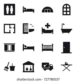16 vector icon set : wc, hangare, arch window, plan, hotel, hospital, bath, wardrobe, bed, crib, door, bucket and broom, utility room, home call cleaning, iron board
