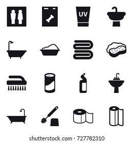 16 vector icon set : wc, uv cream, bath, washing, towel, sponge with foam, brush, cleanser powder, toilet cleanser, water tap sink, toilet brush, toilet paper, paper towel