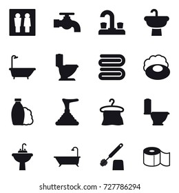 16 vector icon set : wc, water tap, bath, toilet, towel, soap, shampoo, plunger, hanger, water tap sink, toilet brush, toilet paper