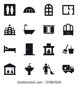 16 vector icon set : wc, hangare, arch window, plan, hotel, bath, wardrobe, dresser, bed, door, fireplace, bucket and broom, utility room, water tap sink, brooming, home call cleaning