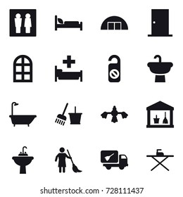 16 vector icon set : wc, hangare, door, arch window, hospital, do not distrub, bath, bucket and broom, hard reach place cleaning, utility room, water tap sink, brooming, home call cleaning