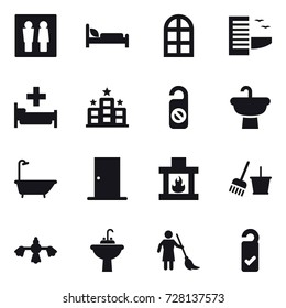 16 vector icon set : wc, arch window, hotel, hospital, do not distrub, bath, door, fireplace, bucket and broom, hard reach place cleaning, water tap sink, brooming, please clean