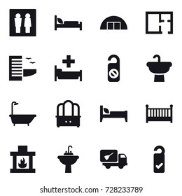 16 vector icon set : wc, hangare, plan, hotel, hospital, do not distrub, bath, dresser, bed, crib, fireplace, water tap sink, home call cleaning, please clean
