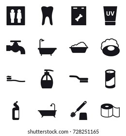 16 vector icon set : wc, uv cream, water tap, bath, washing, soap, tooth brush, liquid soap, brush, cleanser powder, toilet cleanser, toilet brush, toilet paper