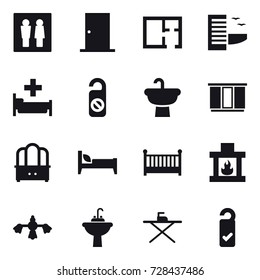16 vector icon set : wc, door, plan, hotel, hospital, do not distrub, wardrobe, dresser, bed, crib, fireplace, hard reach place cleaning, water tap sink, iron board, please clean