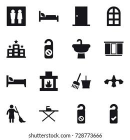 16 vector icon set : wc, door, arch window, hotel, do not distrub, wardrobe, bed, fireplace, bucket and broom, hard reach place cleaning, brooming, iron board, please clean