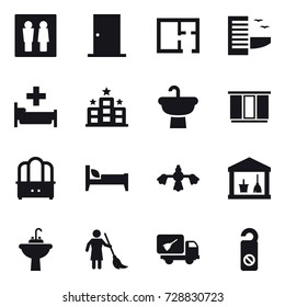 16 vector icon set : wc, door, plan, hotel, hospital, wardrobe, dresser, bed, hard reach place cleaning, utility room, water tap sink, brooming, home call cleaning, do not distrub