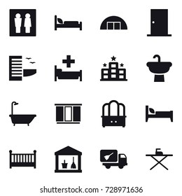 16 vector icon set : wc, hangare, door, hotel, hospital, bath, wardrobe, dresser, bed, crib, utility room, home call cleaning, iron board