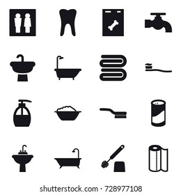 16 vector icon set : wc, water tap, bath, towel, tooth brush, liquid soap, foam basin, brush, cleanser powder, water tap sink, toilet brush, paper towel